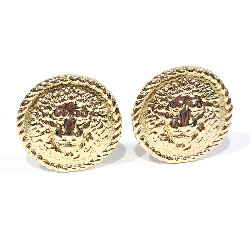 Vintage Versace Lion Coin Earrings 70s 80s Gold Tone Gianni Versace Clip Ons - Picture 9 of 17